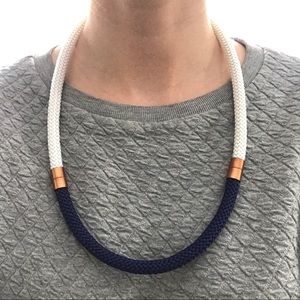 Statement necklace white and blue with copper pieces